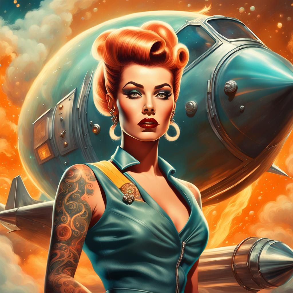 Rockabilly Girl Rides Missile in Ethereal Fantasy