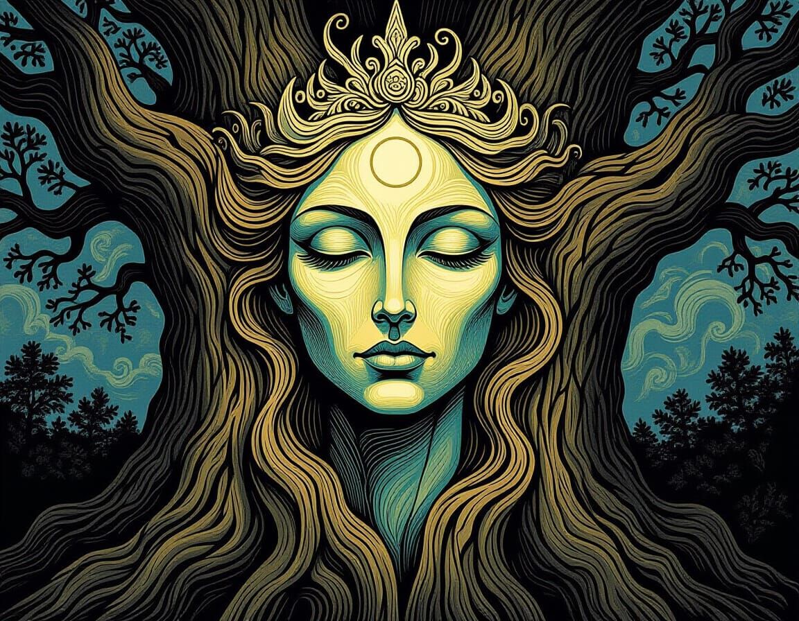 Elven Queen's Face Carved in Ancient Oak Tree