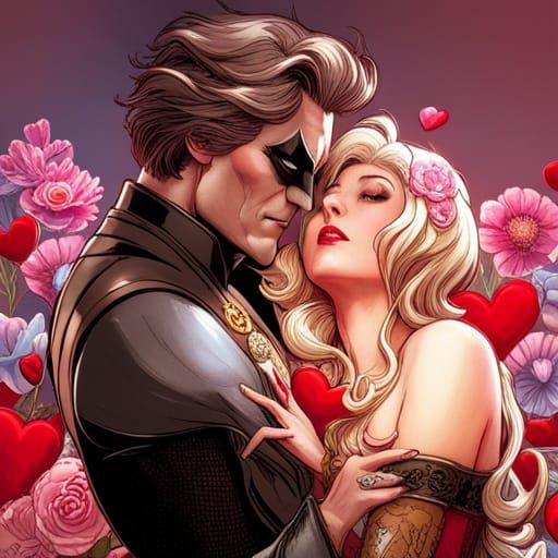 Batman Surrounded by Hearts in Rococo Style