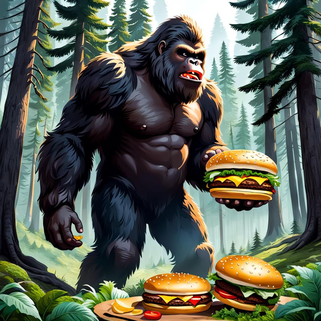 Sasquatch's Humorous Feast: A Giant Hamburger