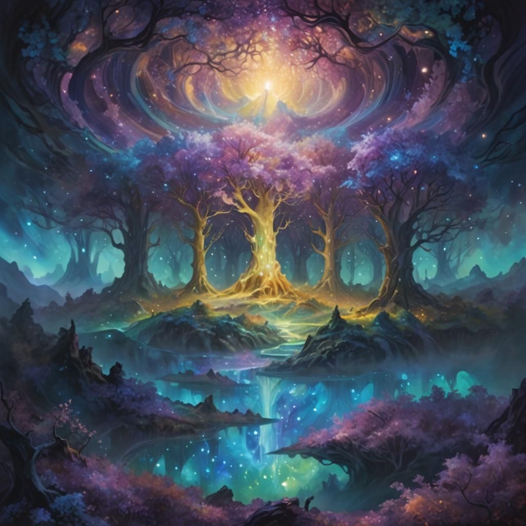 Shimmering Iridescent Landscape in Oil Painting Style