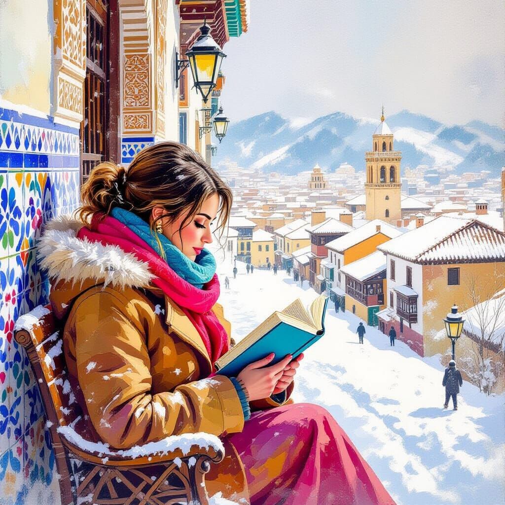 Andalusian Woman Reading in Winter Gouache Landscape