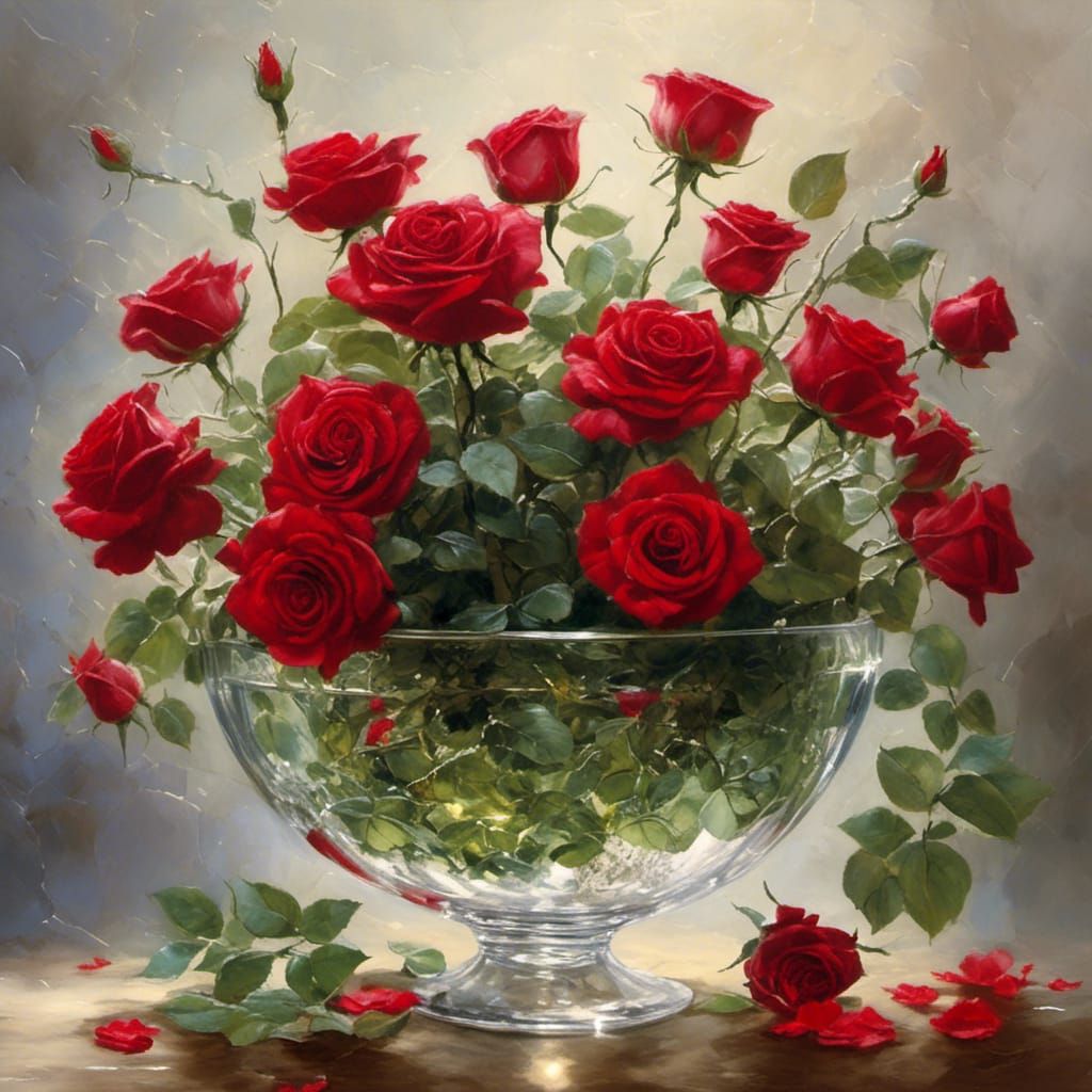 Crystal Bowl with Red Roses, Realistic Rendering