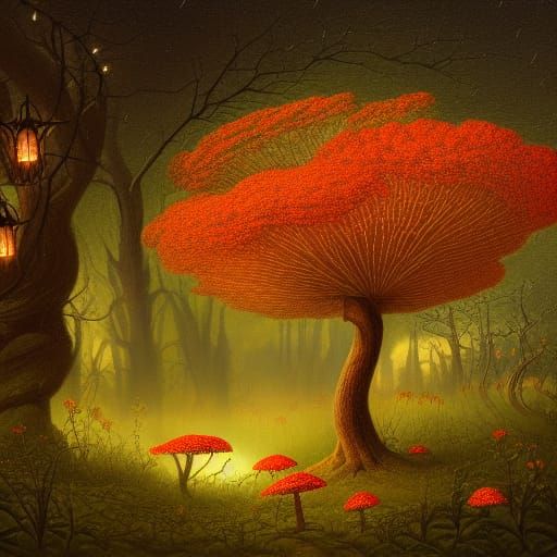 Gothic Fantasy Landscape with Fireflies Digital Painting