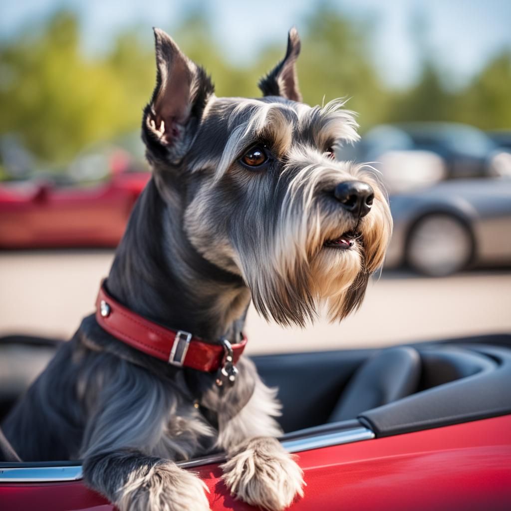 Schnauzer Dog in Red Corvette, Professional Photo