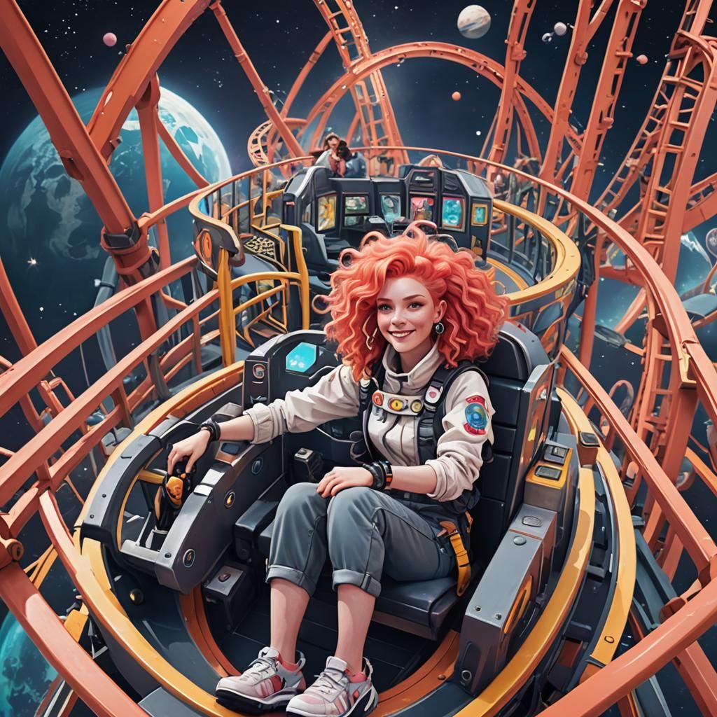 A coral haired girl in a planet moon themed outfit is sat in...