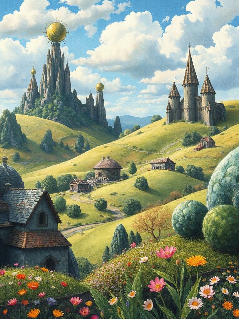 Surreal Dreamscape with Towering Spires in Watercolor