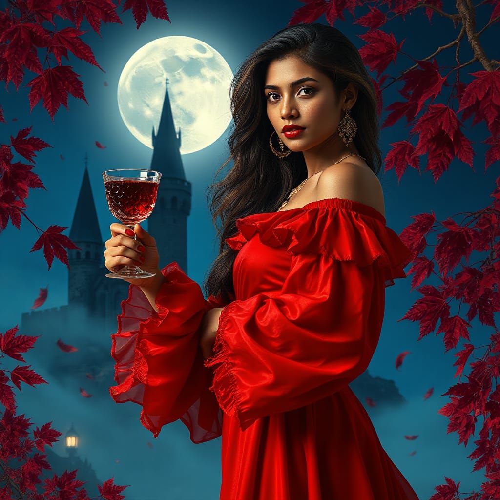 Adivasi Woman in Crimson Gown Holds Ruby Goblet