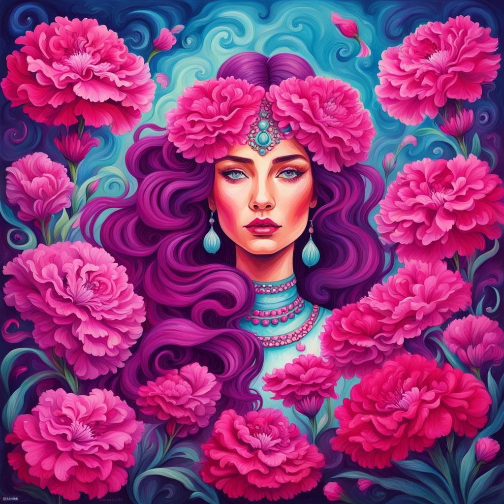 Goddess Surrounded by Magenta Dianthus Flowers