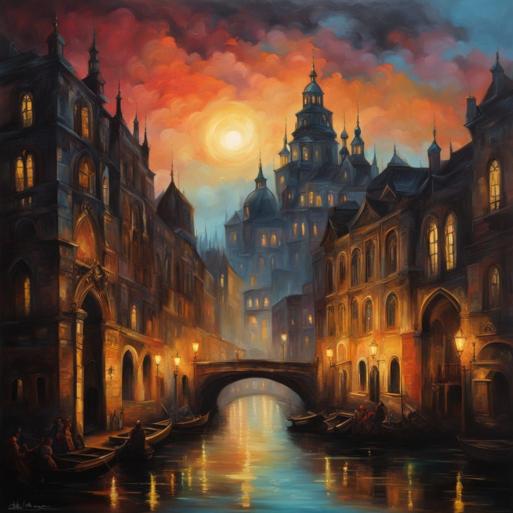 Rivercross City: Gothic Baroque Architecture in Oil Painting
