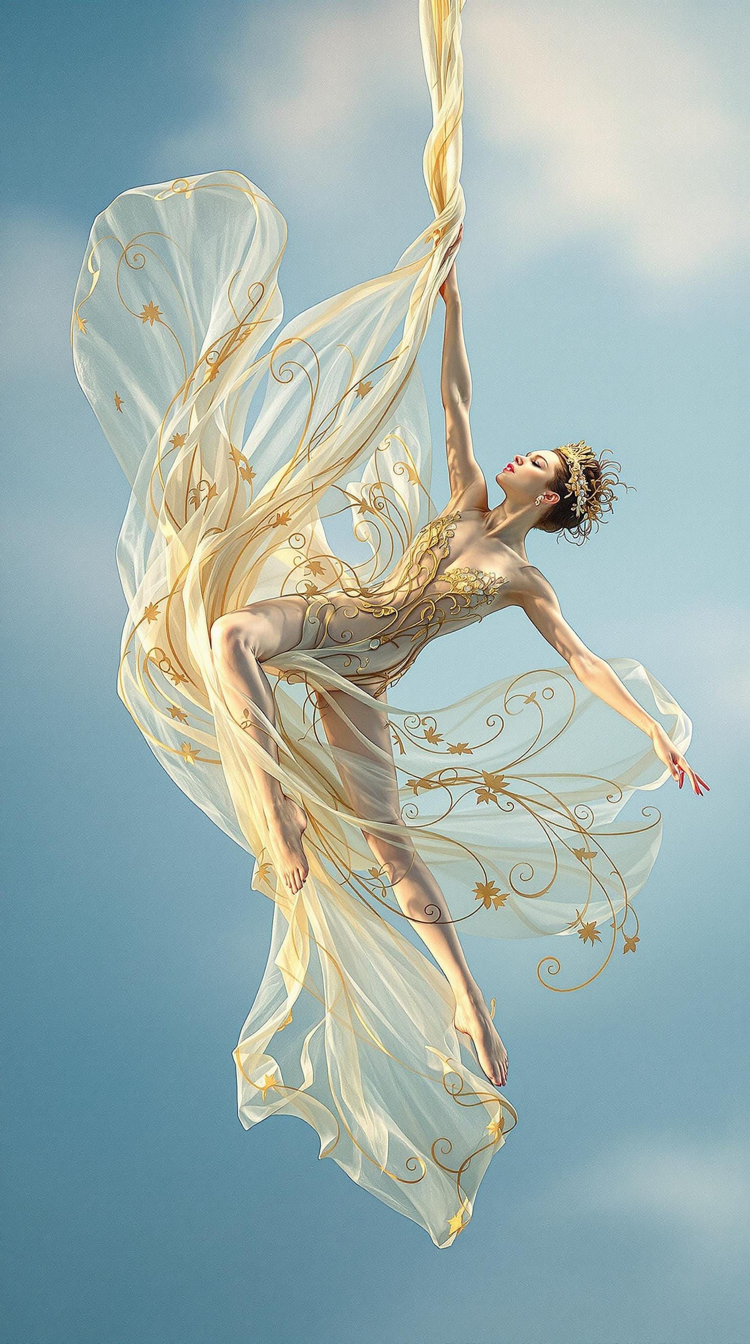 Ethereal Aerialist in Dreamy, Gradient Blue Background