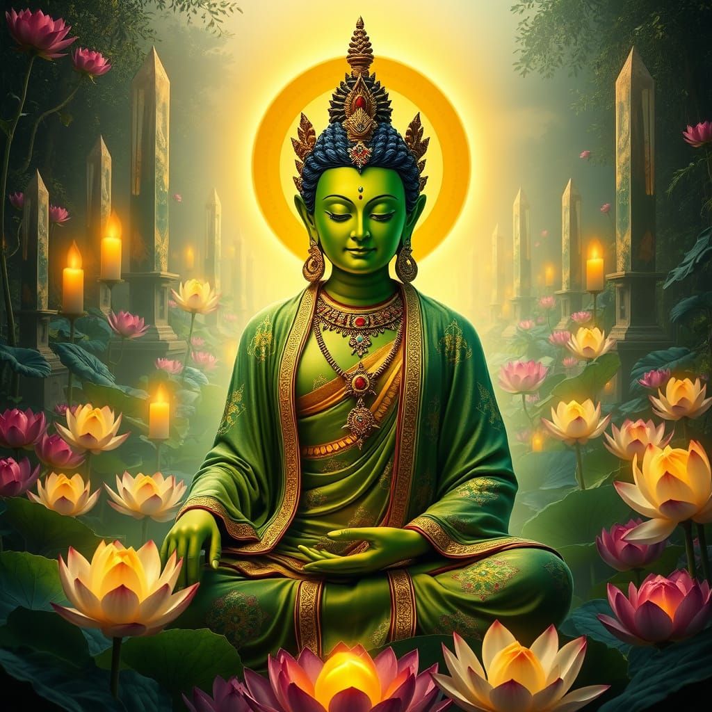 Divine Green Tara in a Vibrant, Ethereal Garden