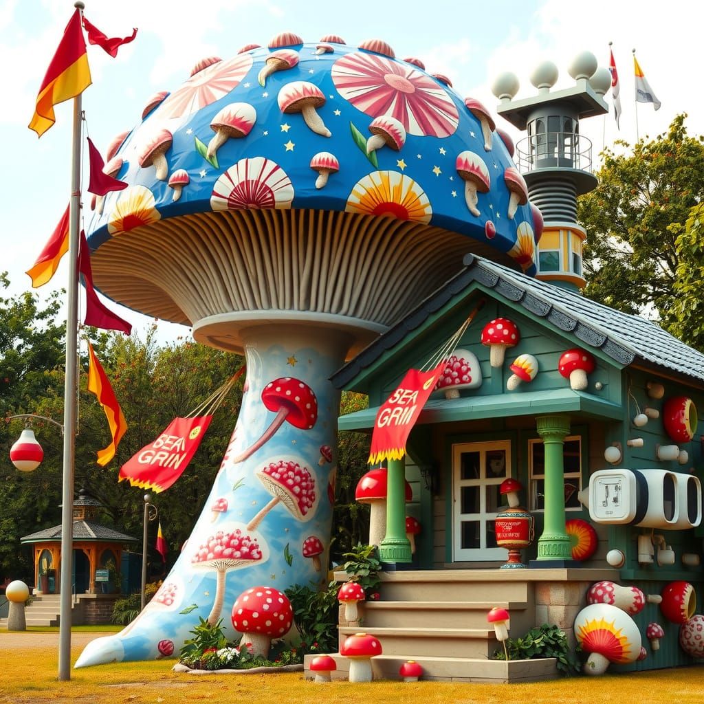 Gigantic, Hyperrealistic Mushroom Sculpture in Whimsical Set...