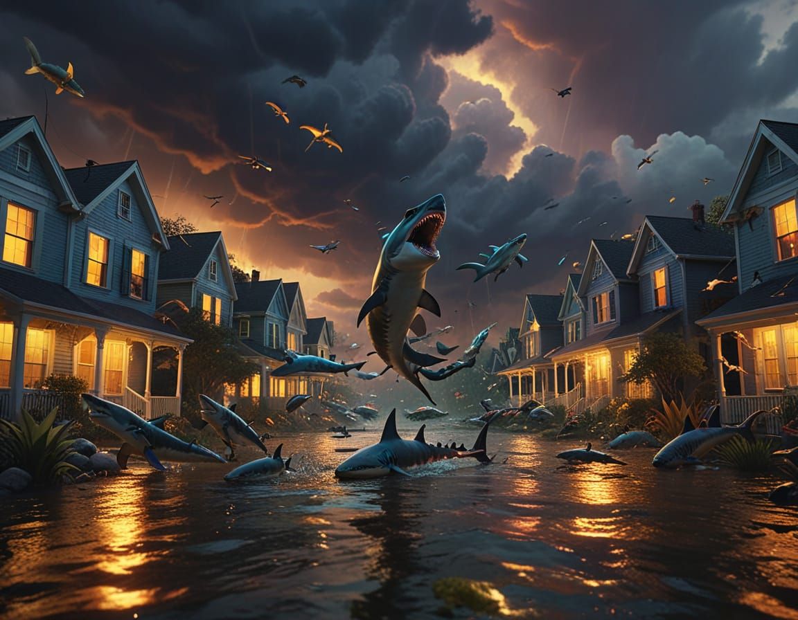 Surreal Sharks and Alligators Swirling in Neighborhood