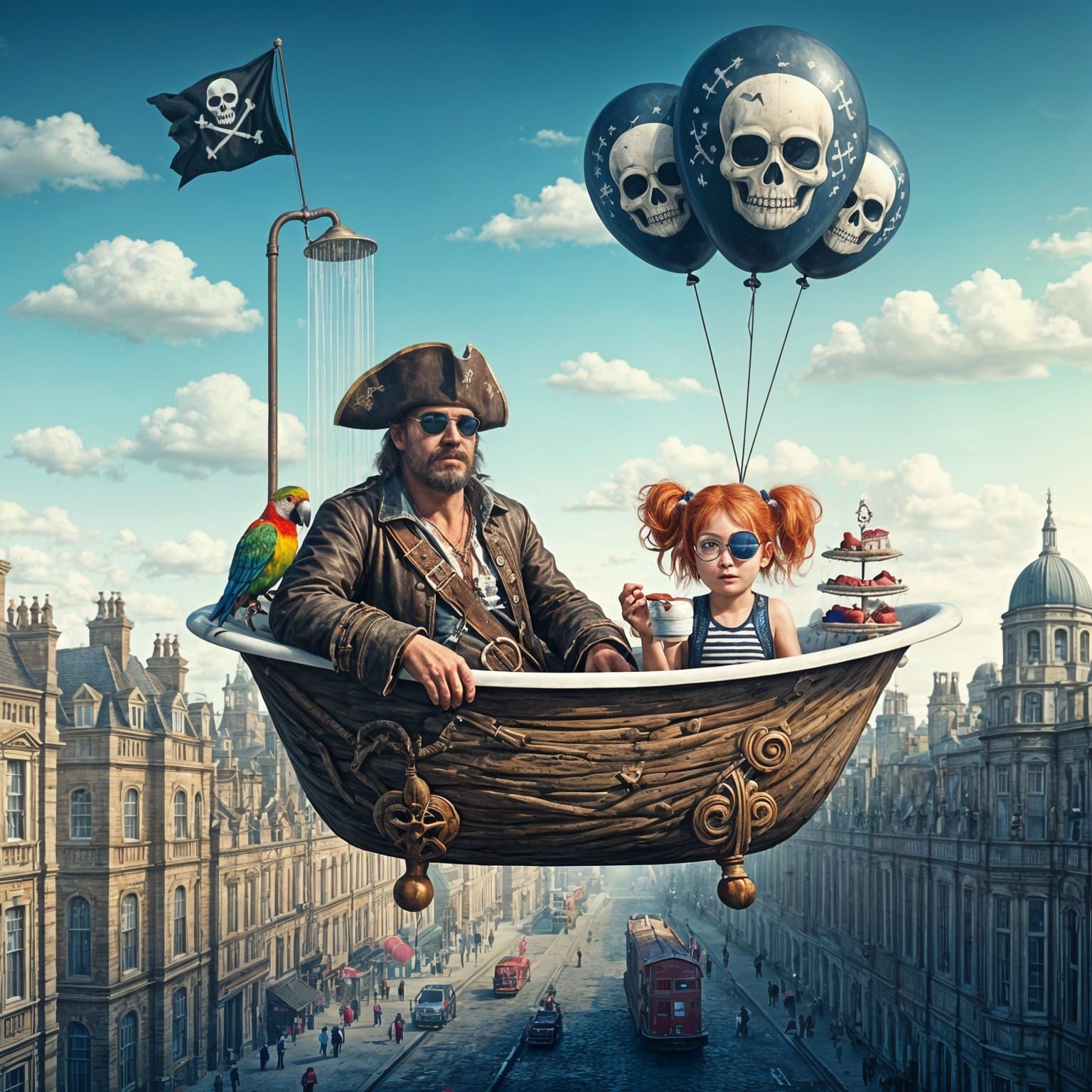 Pirate Adventure Over London in Watercolor Style