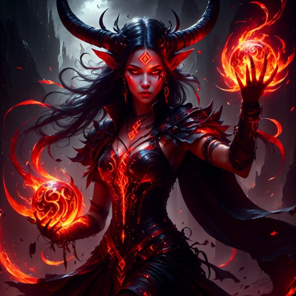 Tiefling Sorceress Wielding Flames with Glowing Runes