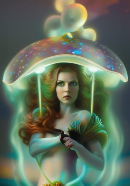 Bioluminescent Mushroom Woman Portrait in Street Art Style