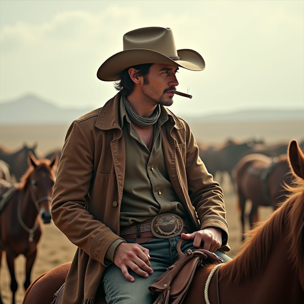 Hyperrealistic Cowboy on Horseback in Western Landscape