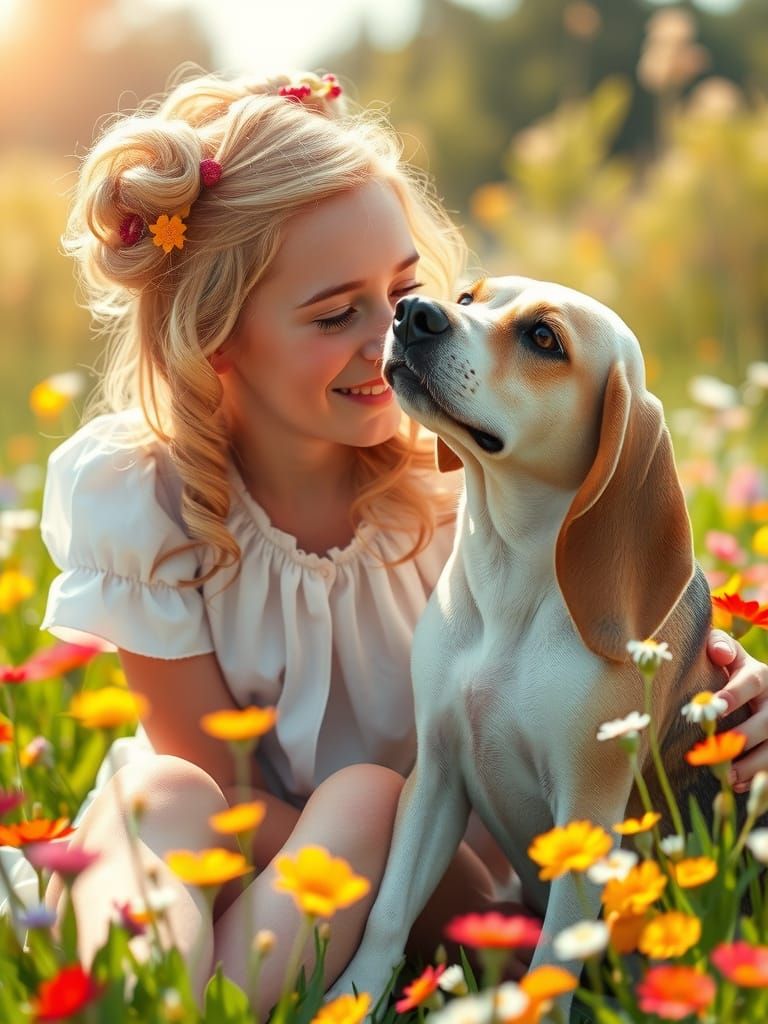 Woman and Friendly Beagle in a Whimsical Meadow