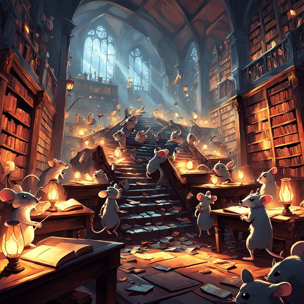 Mice Swarm Grand Library in Dramatic Digital Art