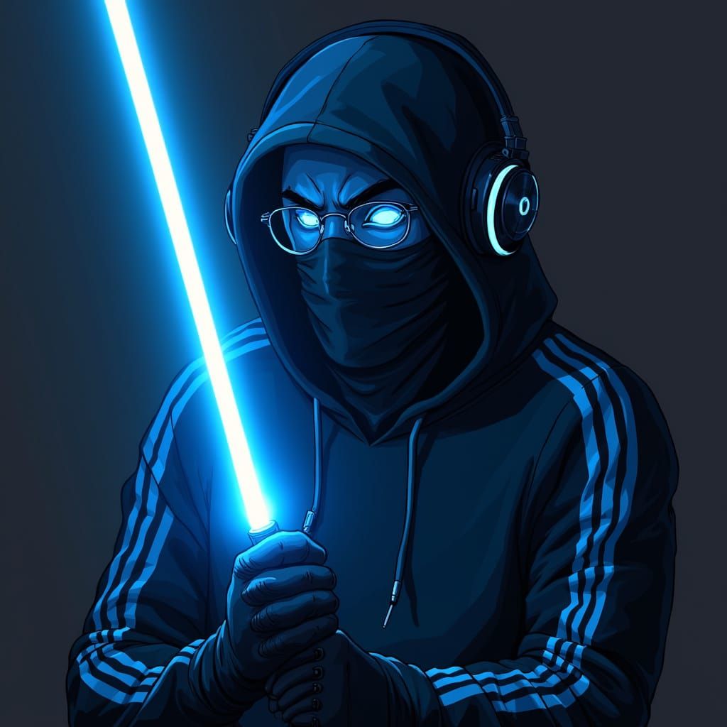 Enigmatic Figure Wields Blue Laser Sword in Dark Futuristic ...