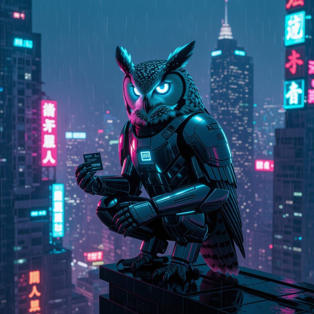 Cyberpunk Owl in Chrome Suit on Neon Skyscraper