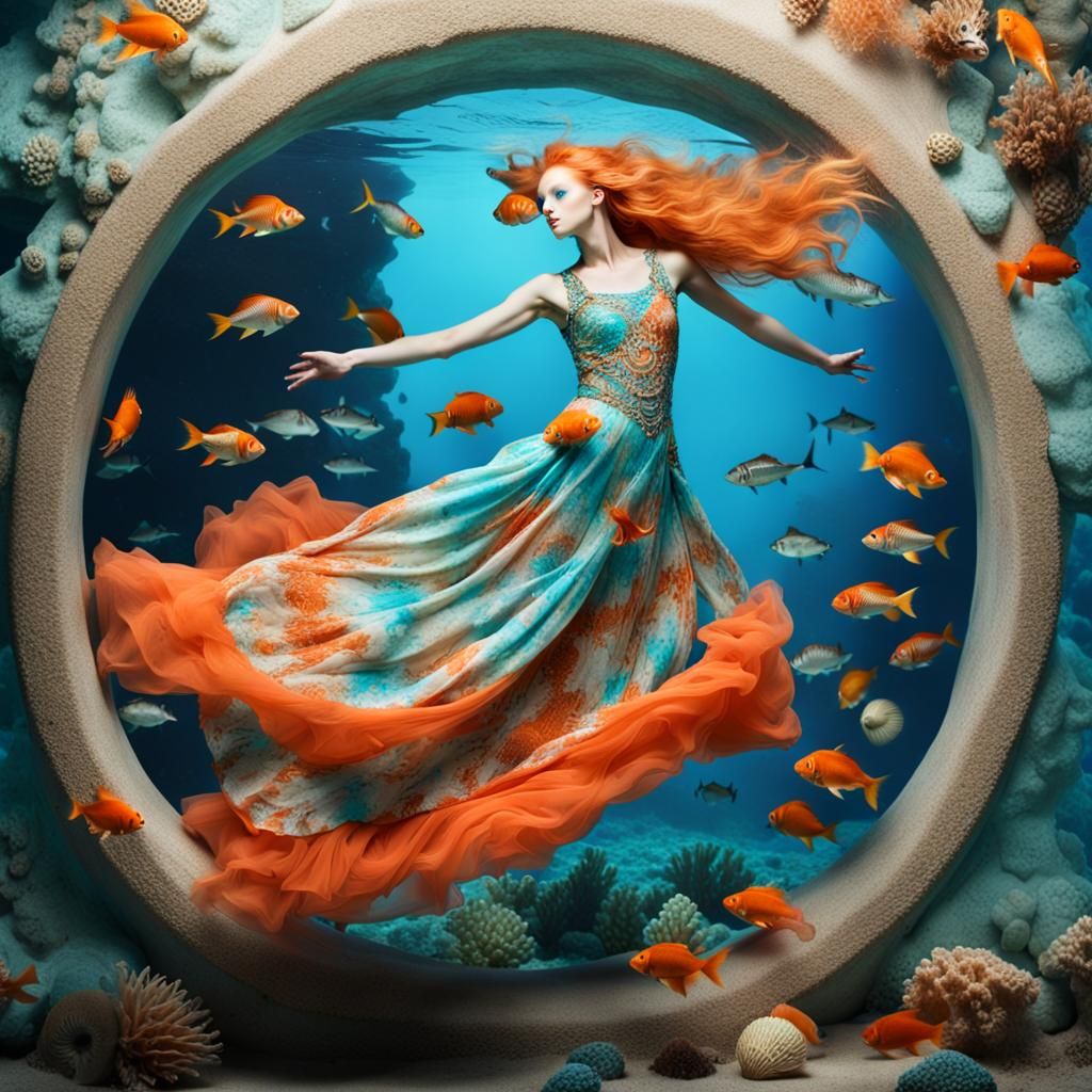 Underwater Fashion: Woman in Aquarium, Digital Art