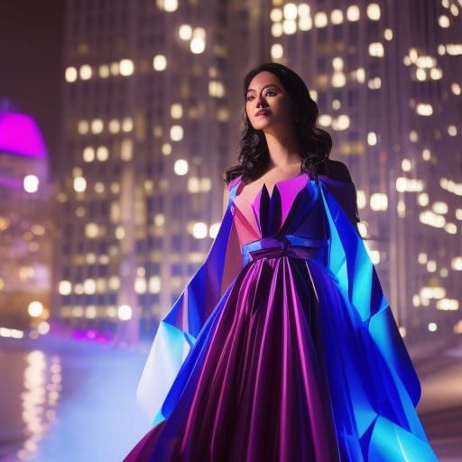 Woman in Origami Gown at Futuristic Party