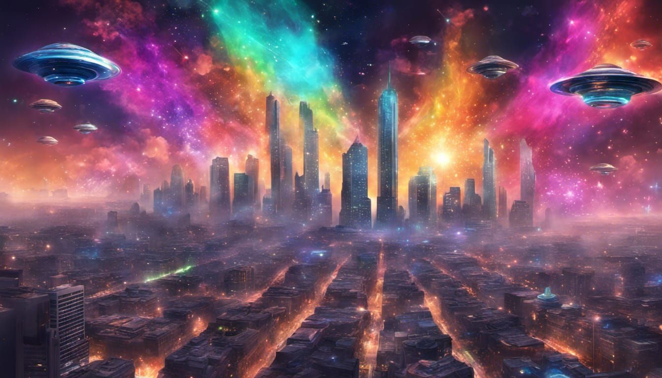 Vibrant Cityscape Under Cosmic UFO Invasion