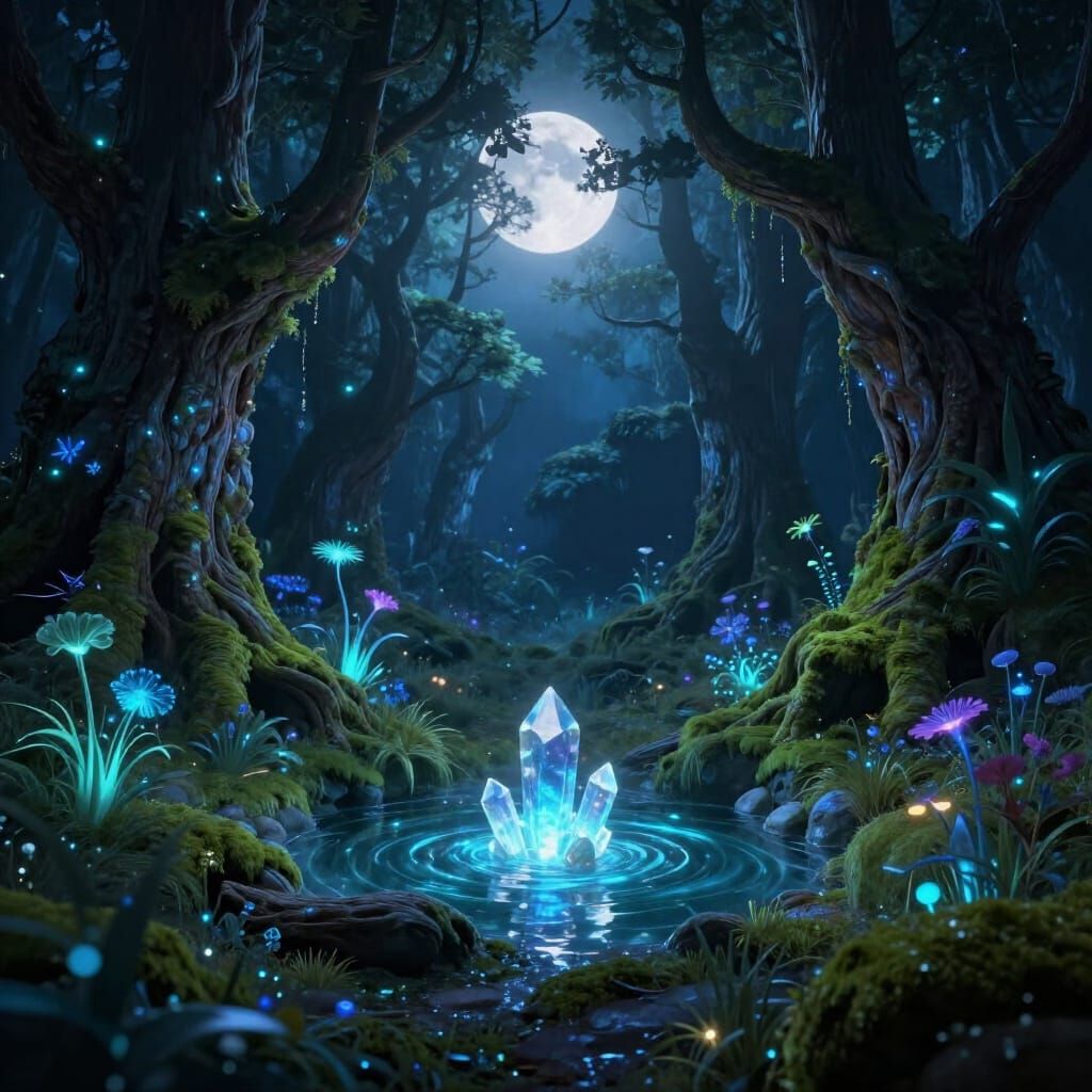 Bioluminescent Forest Clearing Ethereal Moonlight