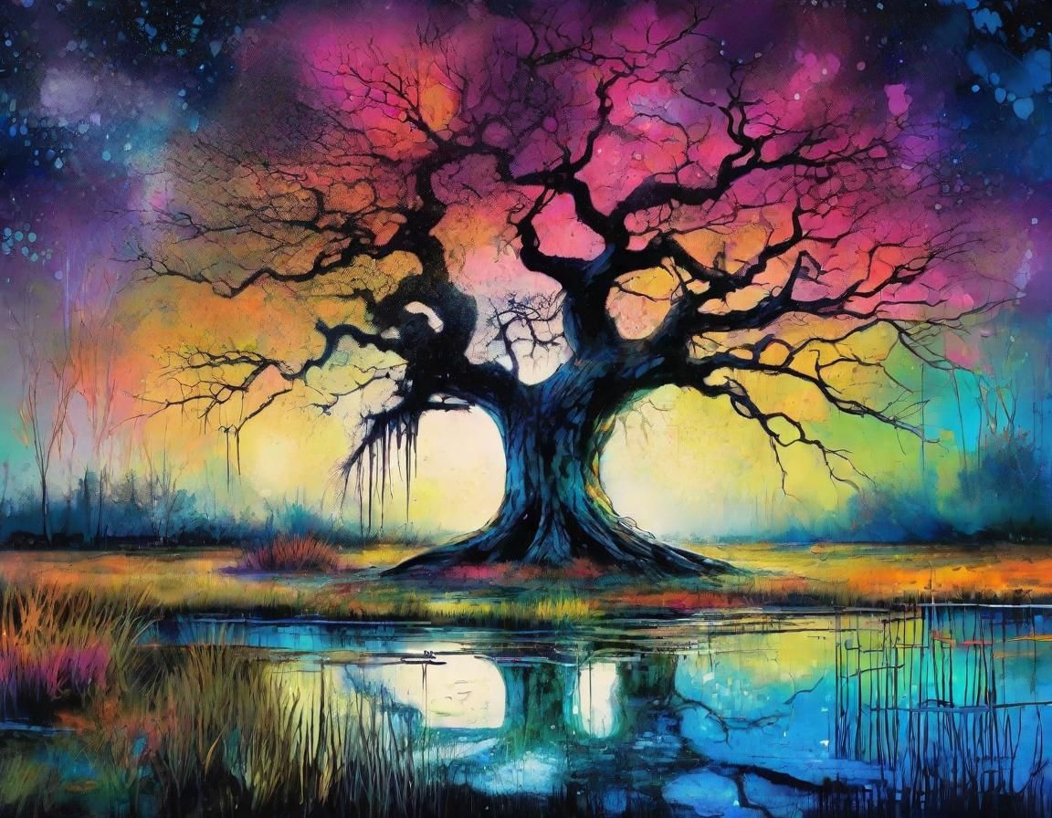 Mystical Ink Splatter Tree in Moonlit Swamp