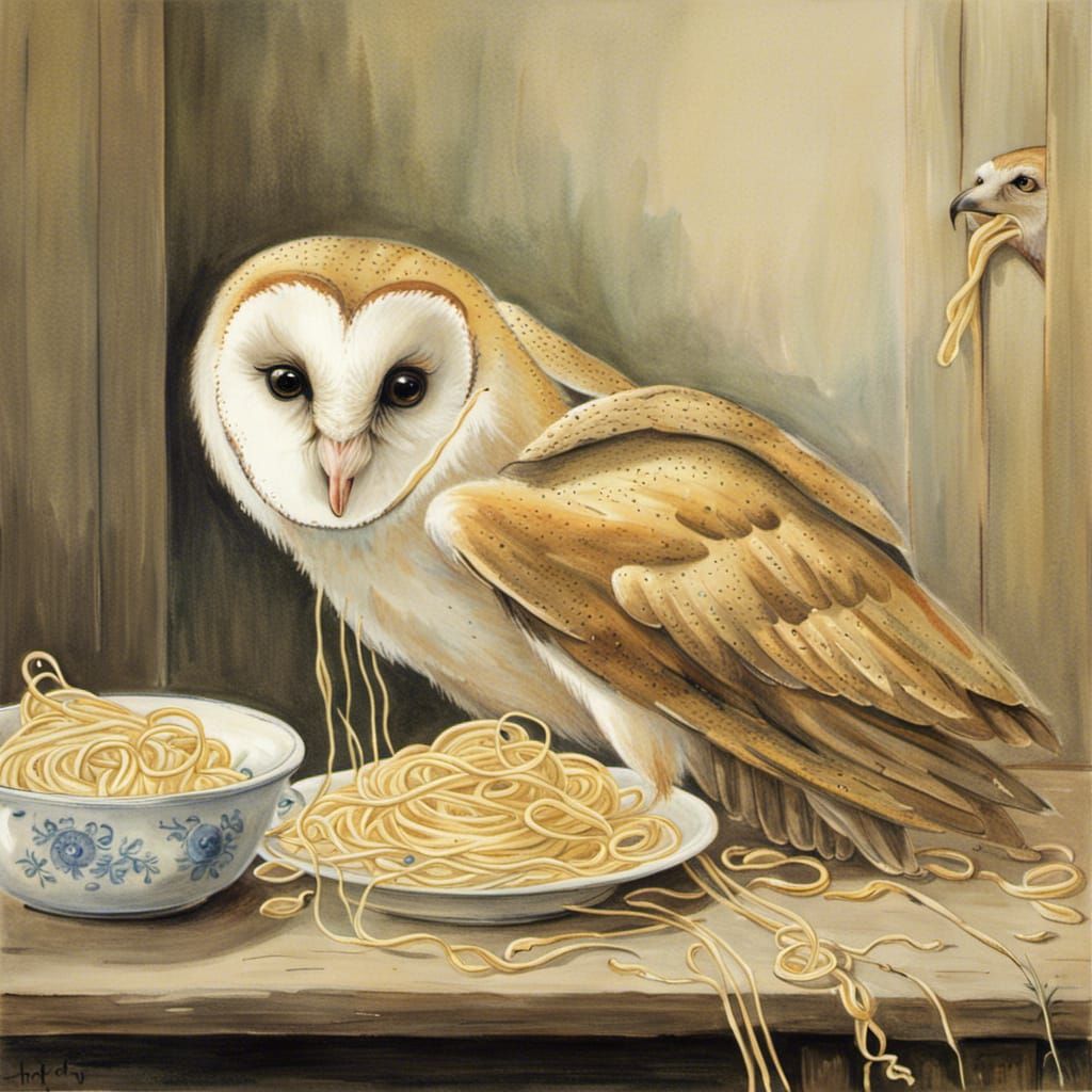 barn owl eating Spaghetti,spot the buzzard ?