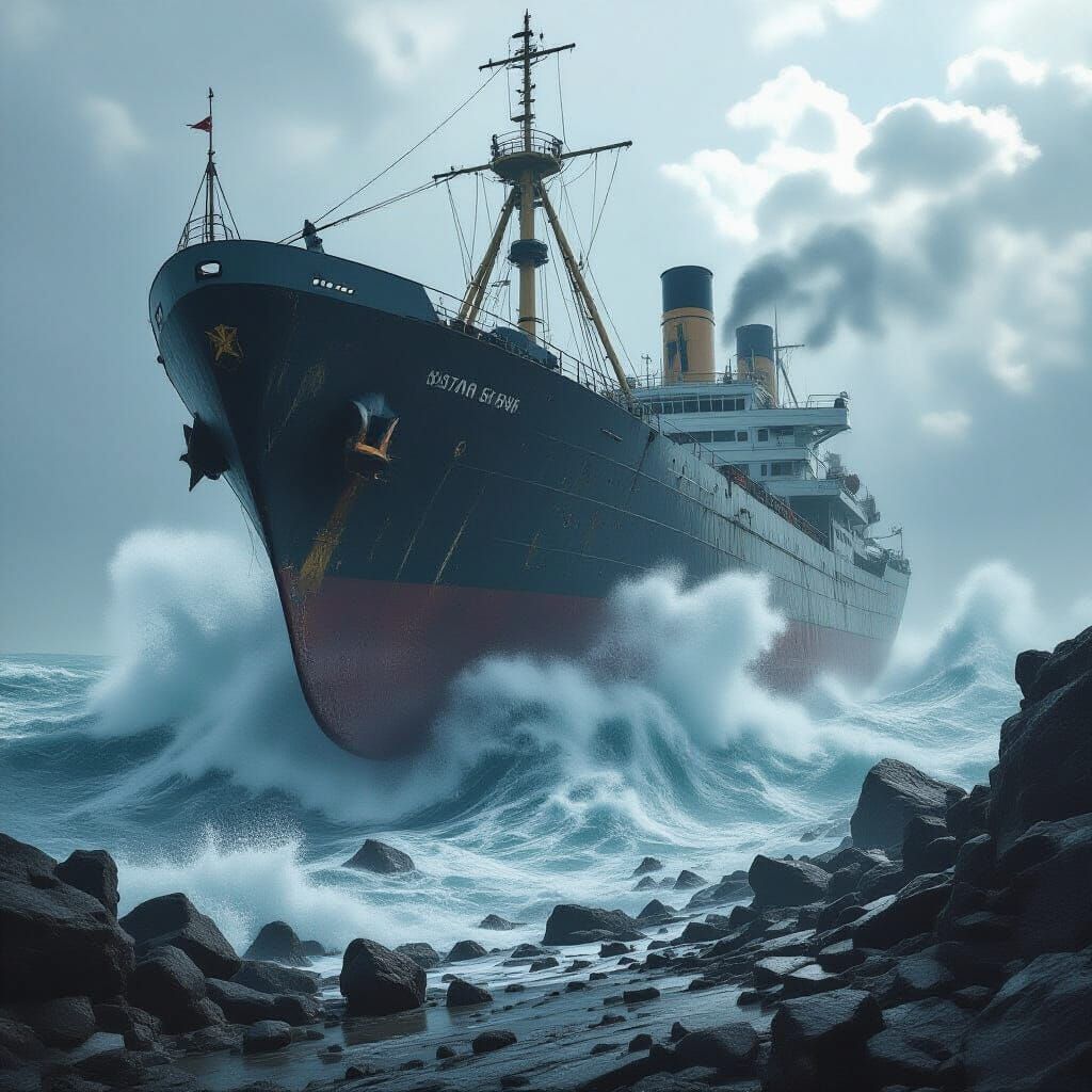 Shipwrecked: Colossal Ship in Turbulent Ocean