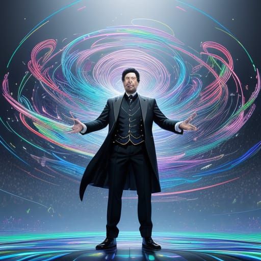 Stylized Conductor in Vibrant Soundwave Symphony