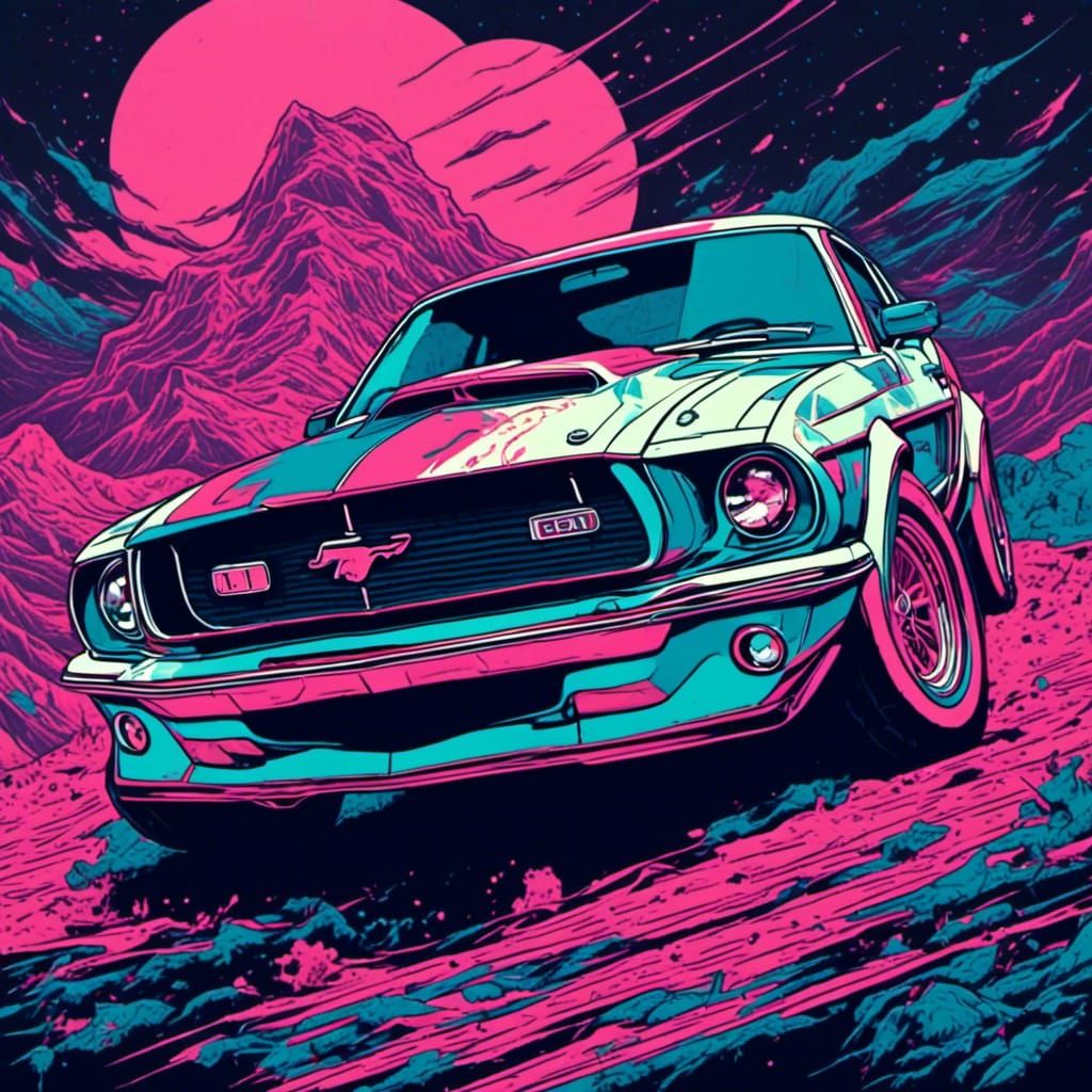 Vaporwave Ford Mustang in Retro-Futuristic Style