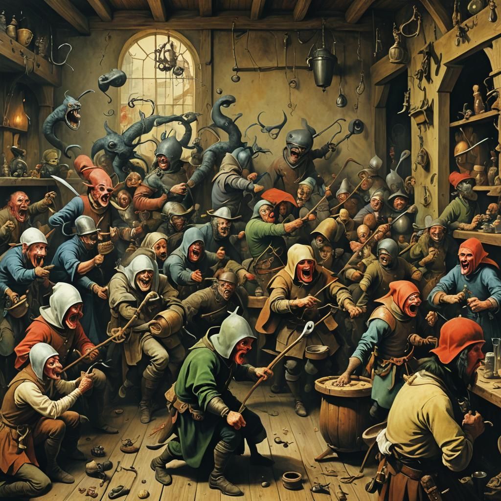Chaotic Tavern Scene Inspired by Bosch and Frazetta