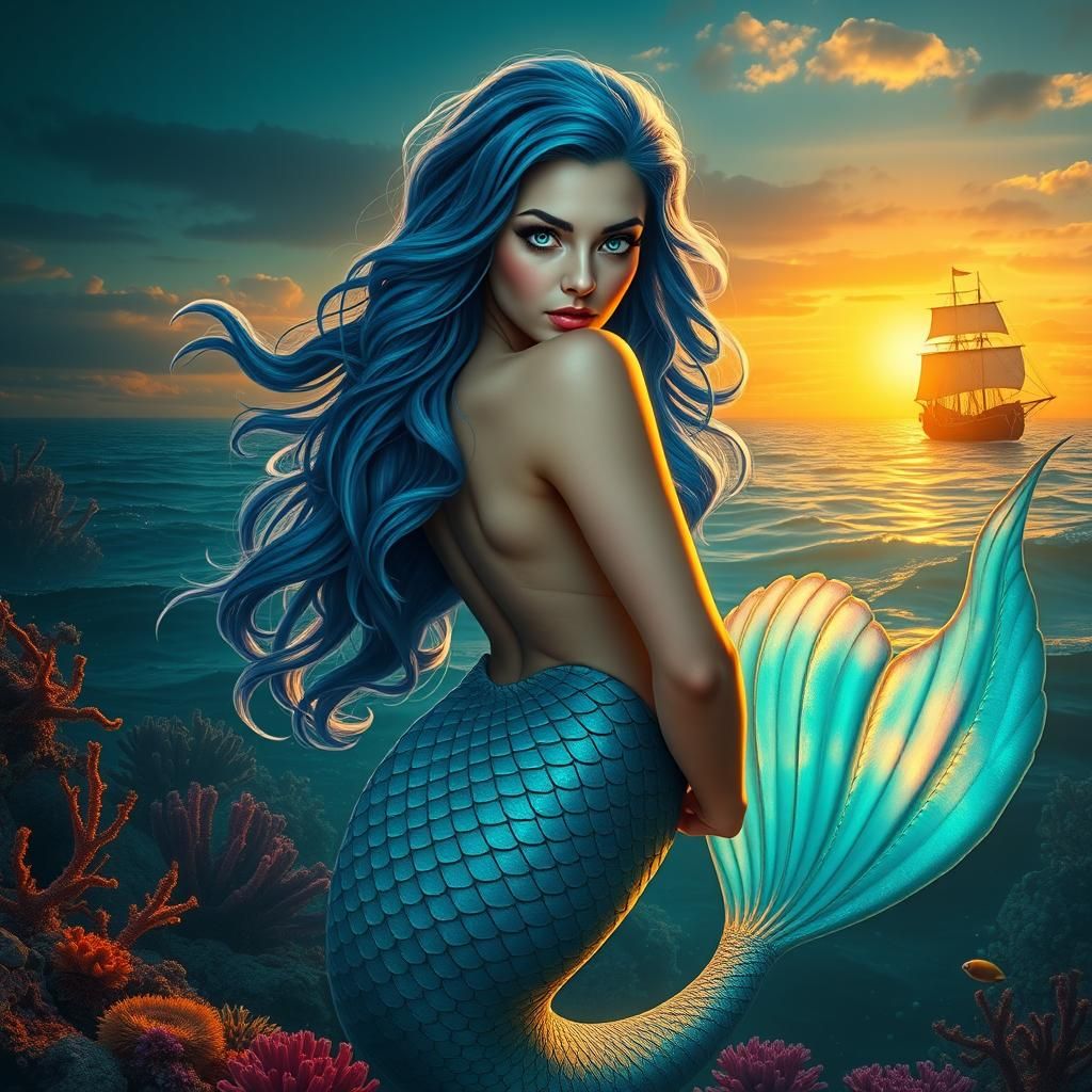 Majestic blue-haired mermaid, posing dynamically, her upper ...