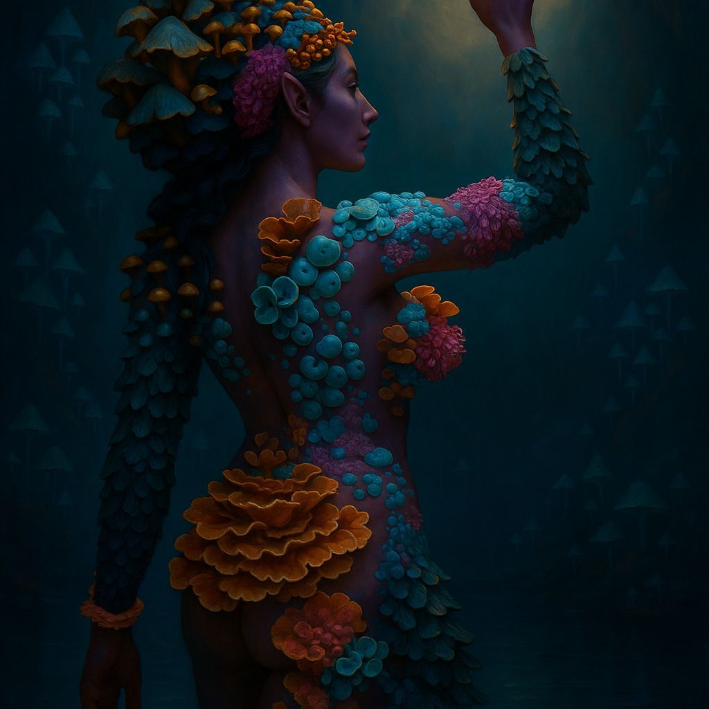 Mushroom Woman in Cavern: Fantasy Oil Painting