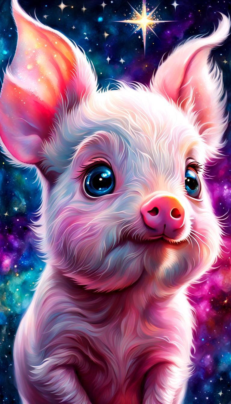 Cute Piglet Portrait with Starlight Eyes, in Mixed Media