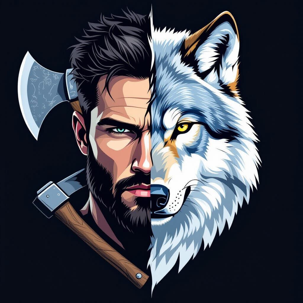 Split Face Portrait: Man Merging With Wolf