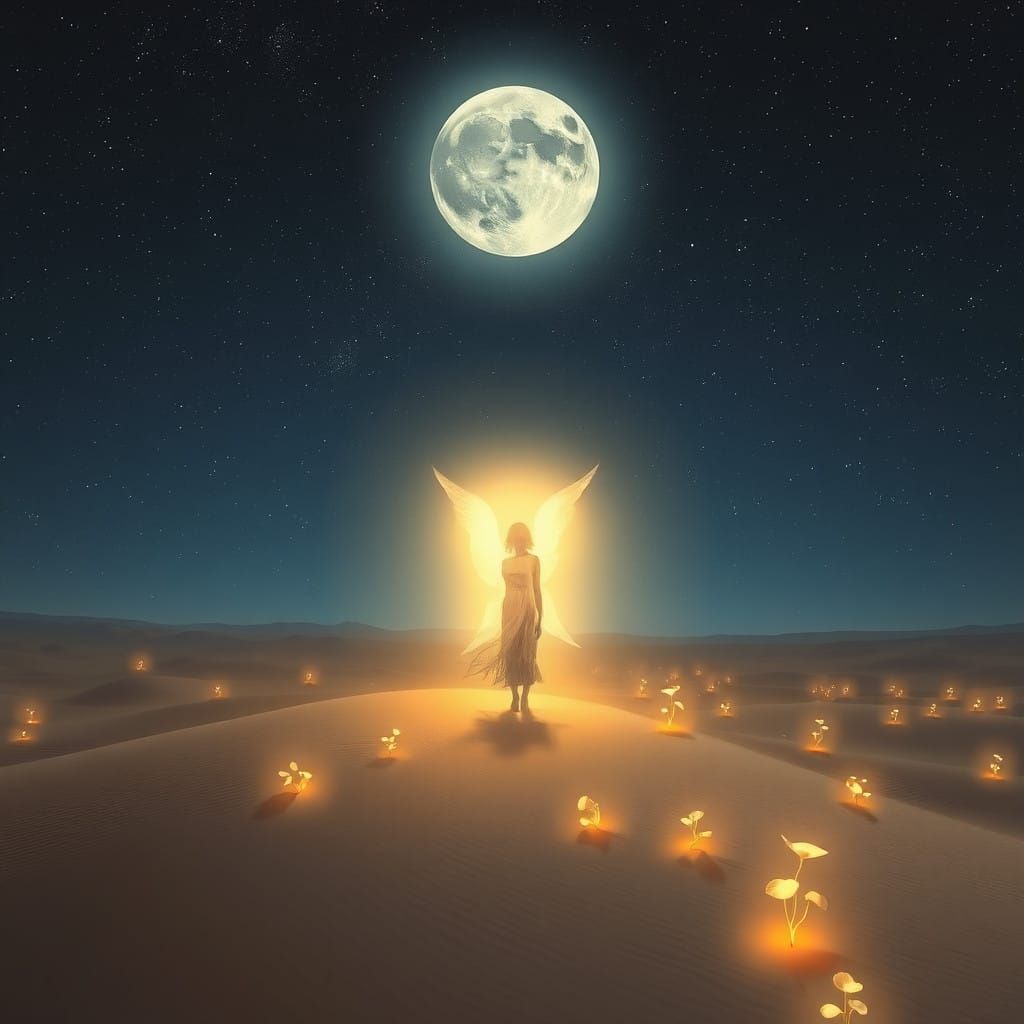 Lost Soul in Midnight Desert Landscape with Glowing Moon