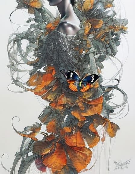 Glittering Marigold Bouquet with Butterflies, Digital Art