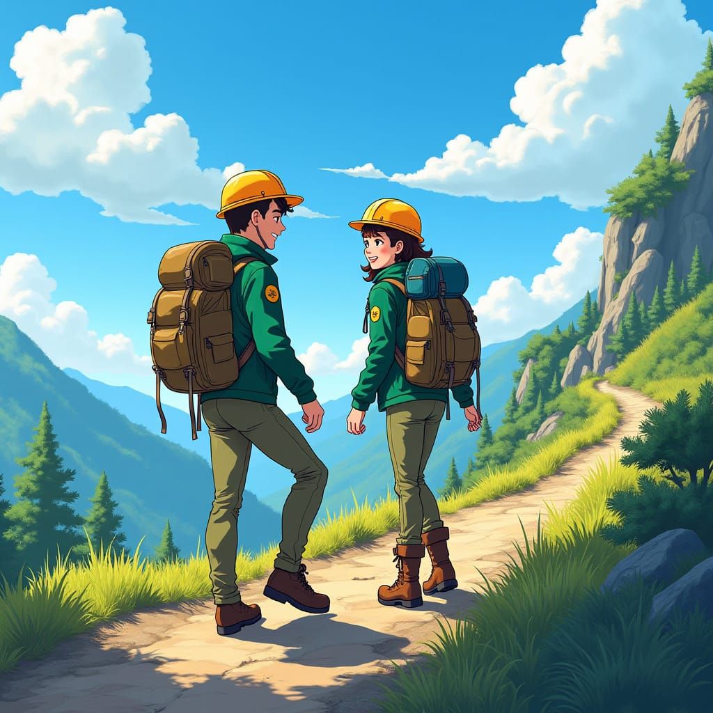 Anime Geologists Hike Mountain Trail in Ghibli Style