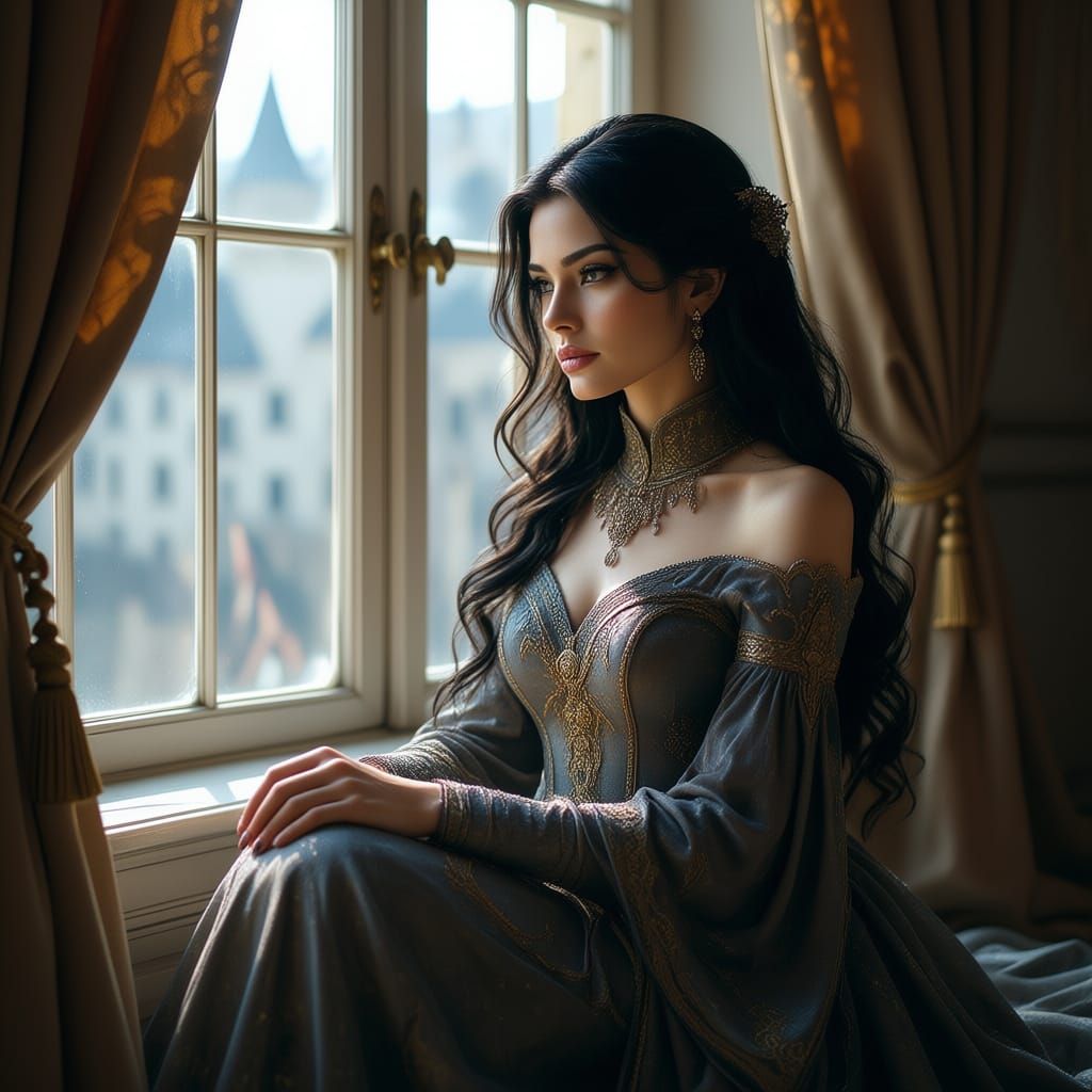 Elegant Woman in Fantasy Gown by Castle Window