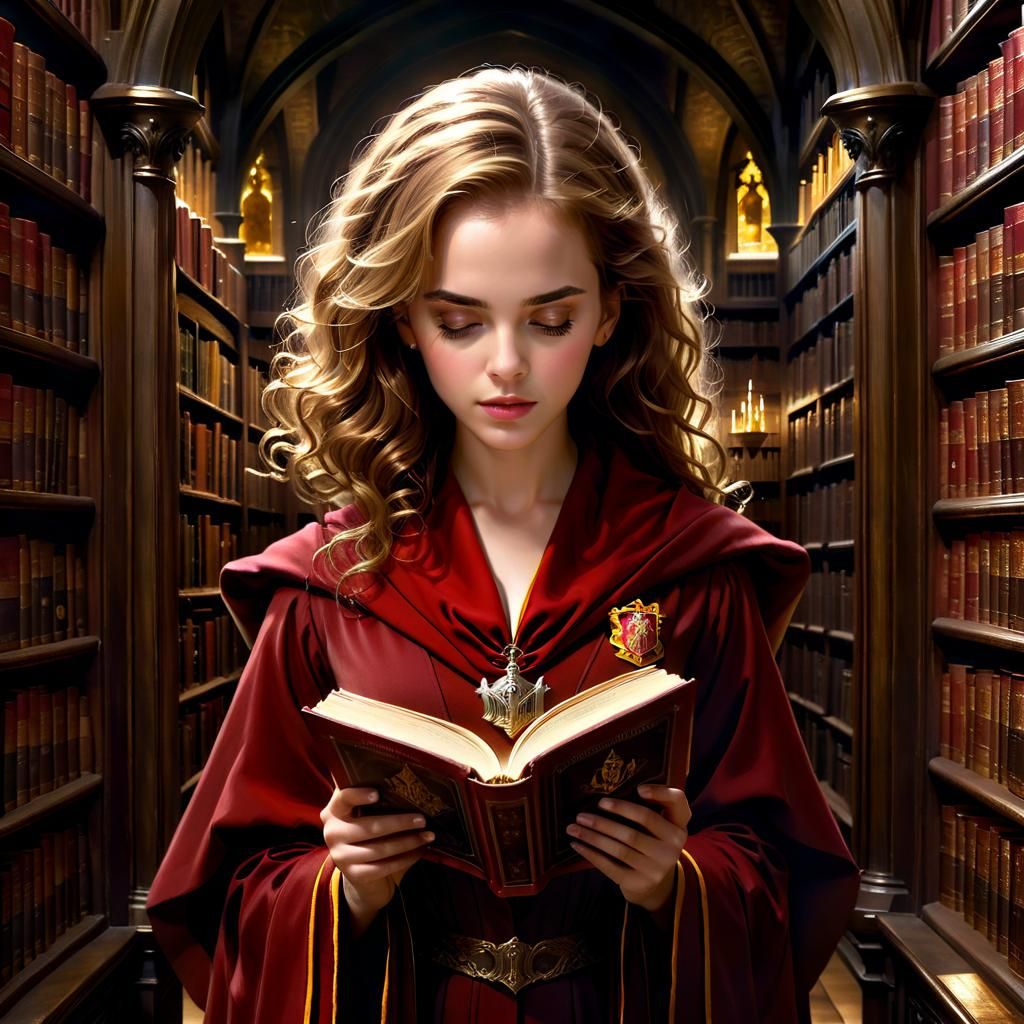 Hermione Granger with a Book in the Hogwarts Library
