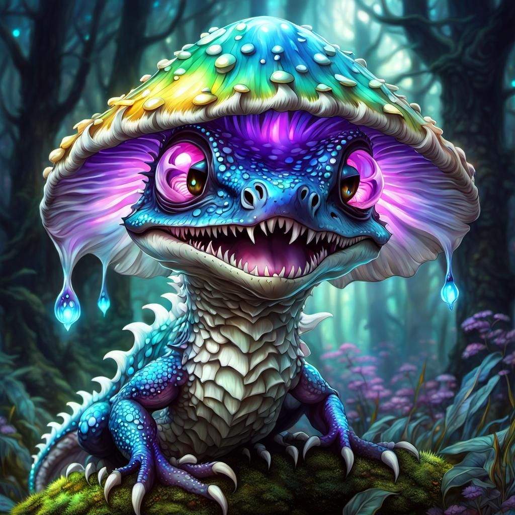 Iridescent Mushroom Dragon Hybrid in Digital Watercolor