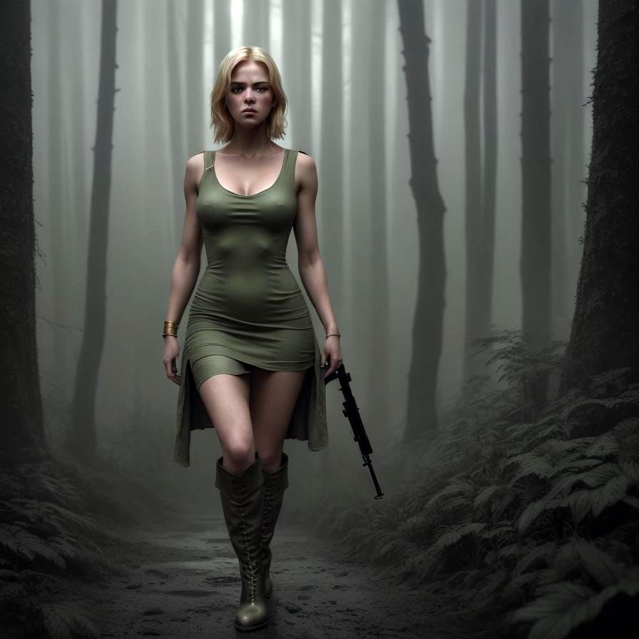 Glamorous Soldier in Forest: Cinematic Film Still