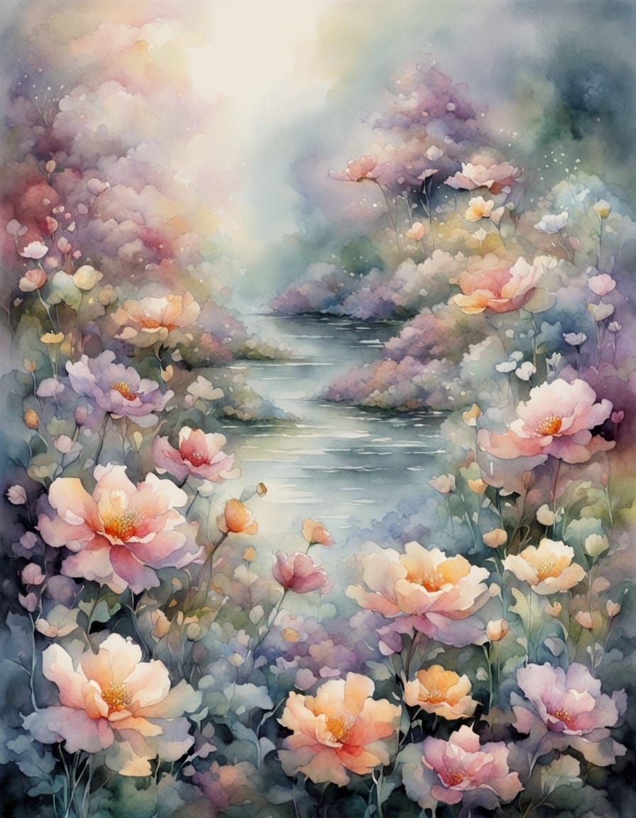 Pastel Flowers in Watercolor and Ink Landscape