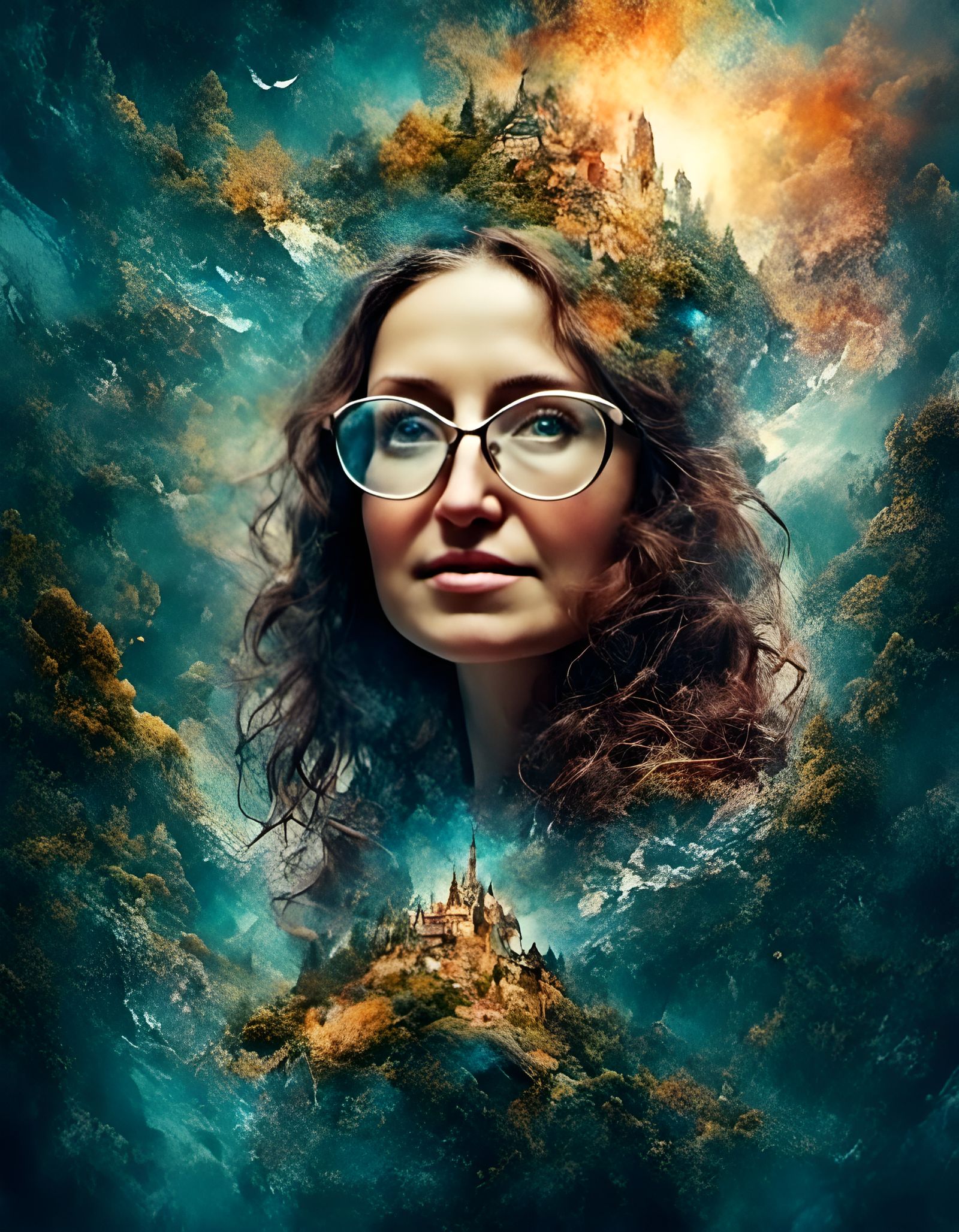 Bioluminescent Fantasy Landscape Portrait with Double Exposu...