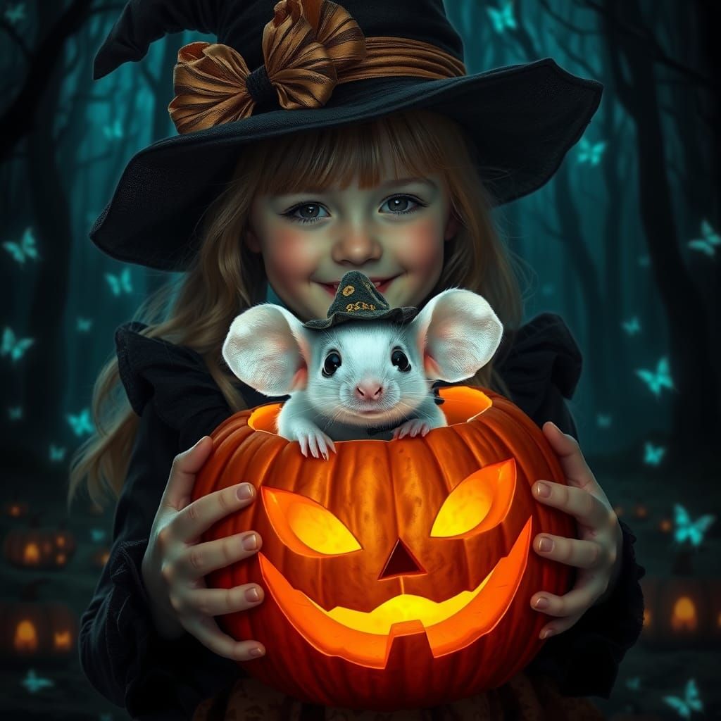 Happy Witch in Moonlit Halloween Forest